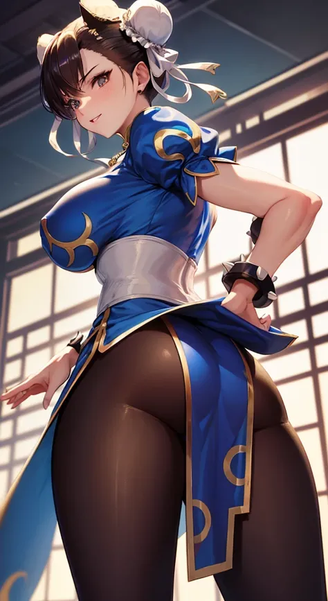 chun li,beautiful young female warrior fighter with cat ears on her head, com rosto bem detalhado e bonito, belos olhos, belos olhos, rosto lindo, beautiful young woman wearing long brown leggings with black details, sueter apertado branco, standing in a c...