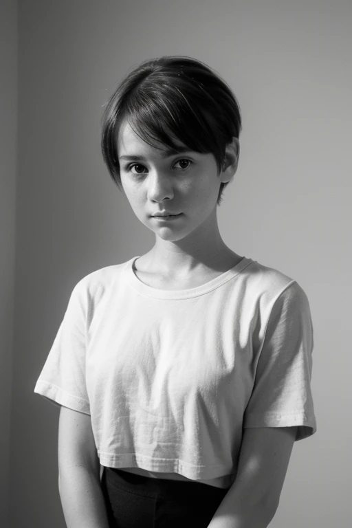 (Close up) (Monochrome) chiaroscuro, sad, cute, plain t-shirt, black and white, 90s girl, simple background, minimalistic, posing, ((photoshot)), girl with pixie cut hairstyle, woman, dark background highlighting the figure. Natural lighting, stunning real...