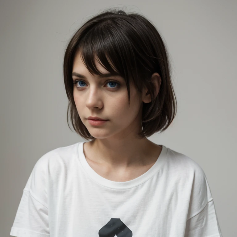 (Monocrhome), (Sad), ((dark)), dismal expression, (t-shirt) (thoughtful poses) pensive expression, chiaroscuro, black and white, 90s girl, simple background, minimalistic, beautifull, ((photoshot)), baggy clothes, girl with pixie cut hairstyle, woman, dark...