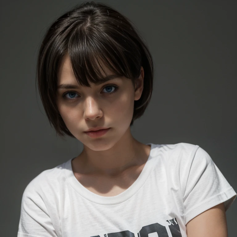 (Monocrhome), (Sad), ((dark)), dismal expression, (t-shirt) (thoughtful poses) pensive expression, chiaroscuro, black and white, 90s girl, simple background, minimalistic, beautifull, ((photoshot)), baggy clothes, girl with pixie cut hairstyle, woman, dark...