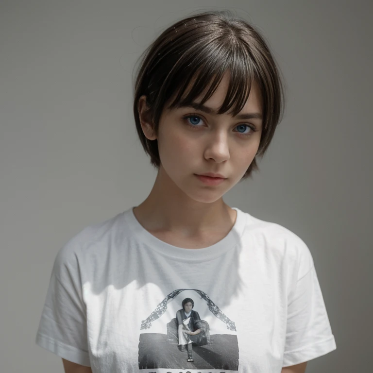 (Monocrhome), (Sad), ((dark)), dismal expression, (t-shirt) (thoughtful poses) pensive expression, chiaroscuro, black and white, 90s girl, simple background, minimalistic, beautifull, ((photoshot)), baggy clothes, girl with pixie cut hairstyle, woman, dark...