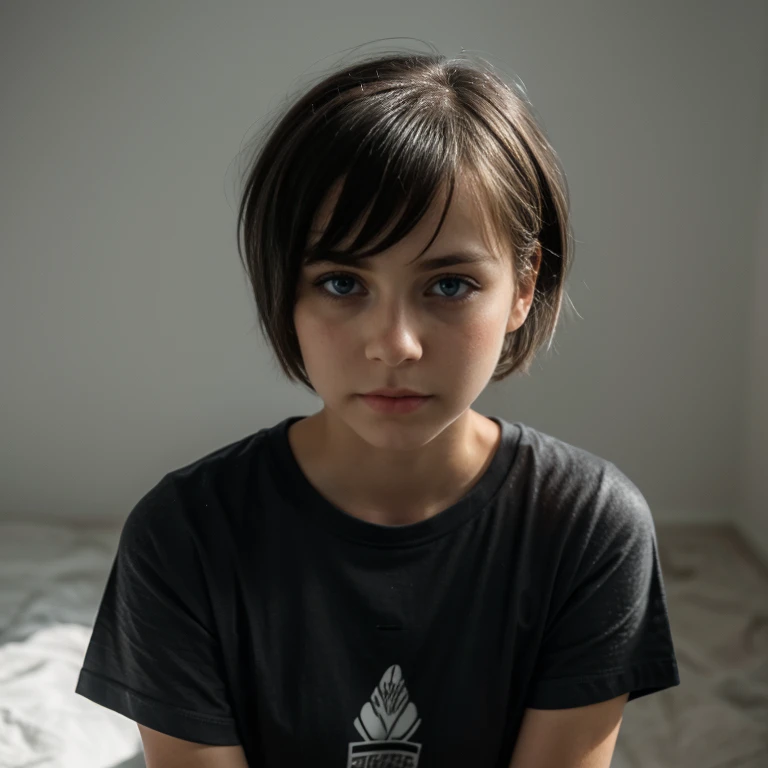 (Monocrhome), (Sad), ((dark)), dismal expression, (t-shirt) (thoughtful poses) pensive expression, chiaroscuro, black and white, 90s girl, simple background, minimalistic, beautifull, ((photoshot)), baggy clothes, girl with pixie cut hairstyle, woman, dark...