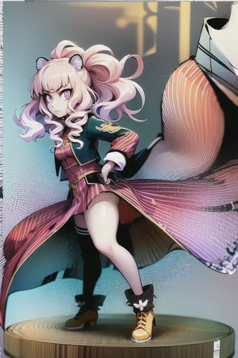 tiger ears, tiger tails, martial art, medium chest, pink hair, skirt, jacket, godess,1girl,coat,standing,, solo focus.1character,,refsheet, character focus, 1character,fangs, cloused mouth,pink hair, green eyes, chinese dress, tomboy,shoes, full body, mart...