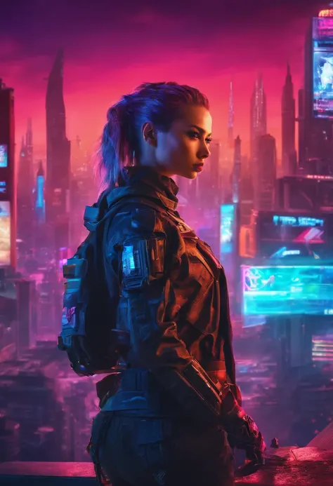 a woman in sexy torn military outfit, survivor of the apocalypse, a destroyed city as a backdrop