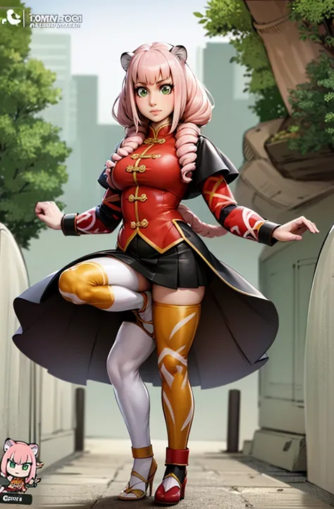 tiger ears, tiger tails, martial art, medium chest, pink hair, skirt, jacket, godess,1girl,coat,standing,, solo focus.1character,,refsheet, character focus, 1character,fangs, cloused mouth,pink hair, green eyes, chinese dress, tomboy,shoes, full body, mart...