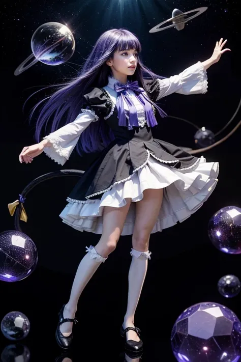 masterpiece,best quality,1girl,frederica bernkastel,purple hair,cat tail,tail bow,purple eyes,tail ornament,dress,bowtie,socks,expressionless,outstretched arms,outer space,surrounded by  floating crystal,cowboy shot,