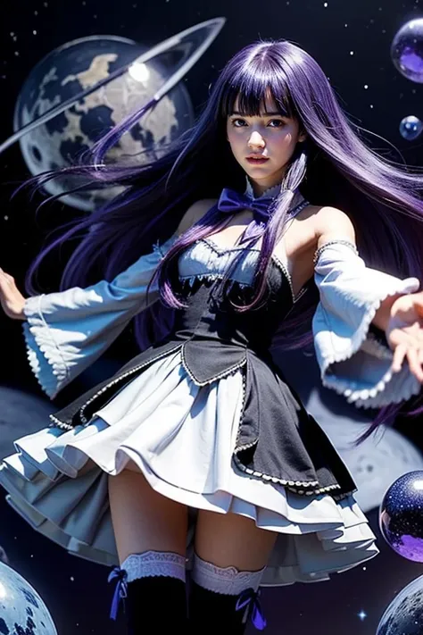 masterpiece,best quality,1girl,frederica bernkastel,purple hair,cat tail,tail bow,purple eyes,tail ornament,dress,bowtie,socks,expressionless,outstretched arms,outer space,surrounded by  floating crystal,cowboy shot,