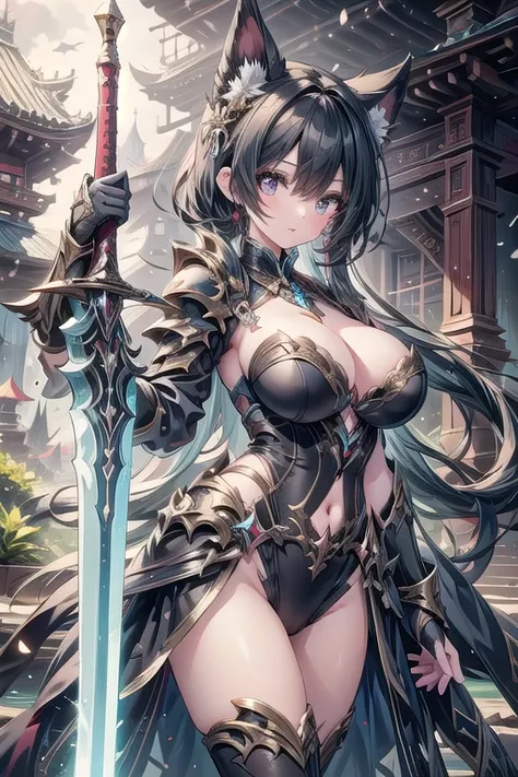 1girl, photo of a Asian female, middle age, holding sword, holding weapon,Overcast Lighting, 16K, 2K, Lens Blur,(natural breasts, large breasts:1.2)
