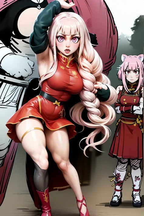 tiger ears, tiger tails, martial art, medium chest, pink hair, skirt, jacket, godess,1girl,coat,standing,, solo focus.1character,,refsheet, character focus, 1character,fangs, cloused mouth,pink hair, green eyes, chinese dress, tomboy,shoes, full body, mart...