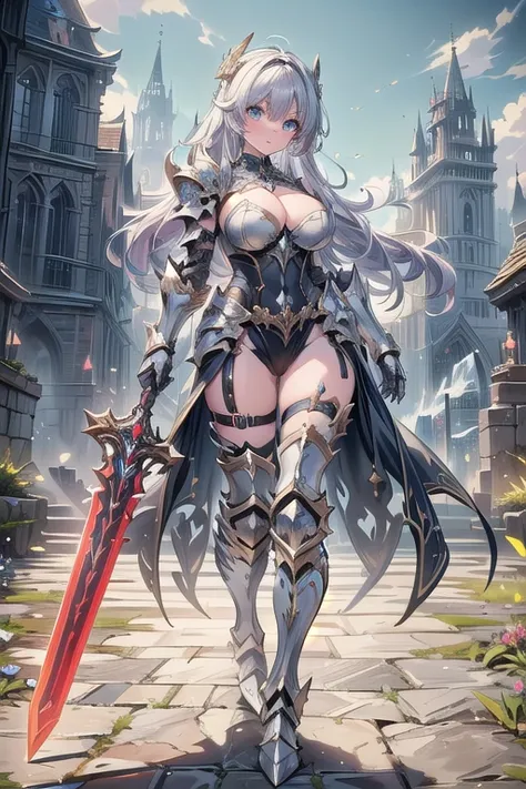 (masterpiece, best quality, ultra detailed, absurdres:1.5), 1girl, (sexy, beautiful woman, perfect face, perfect eyes, perfect female body, large breasts:1.5), (knight, armor, armored, breastplate, armored boots, shoulder armor, gauntlets, holding sword, h...