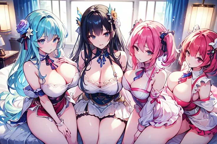 (Harem:1.2),4girls,quartet,squad,cowboyshot,pov,beautiful detailed eyes, detailed lips, long eyelashes, bright and vibrant colors, natural lighting,(best quality, 4k, highres), ultra-detailed, soft and smooth texture, no distractions, dreamlike sensation, ...