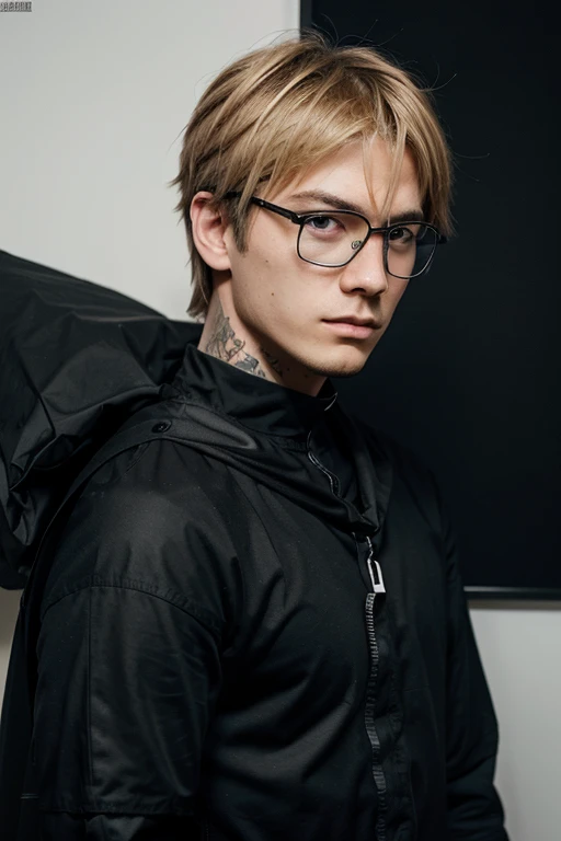 generate me a blonde male 20 years of age, with an all black outfit resembling a night or ninja. a cape slung across his right shoulder. the number 777 tattooed on his face, right under his eye, with sleek expensive glasses on. generate me a profile pictur...