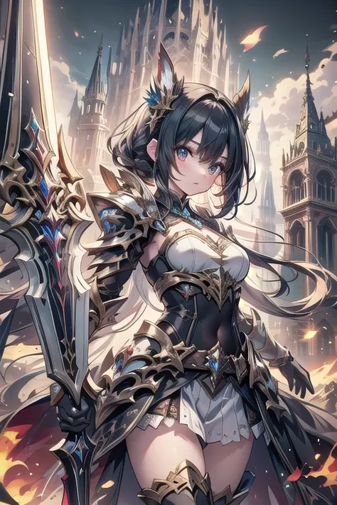 an action shot of a female fantasy game character wielding a golden and blue sword and shield, wearing white armor, heaven in background, HD, masterpiece, best quality, hyper detailed, ultra detailed,
