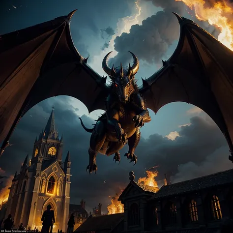 A dragon with bat wings flying over a church and in the background some flames and a knight with Solomon&#39;s ring 