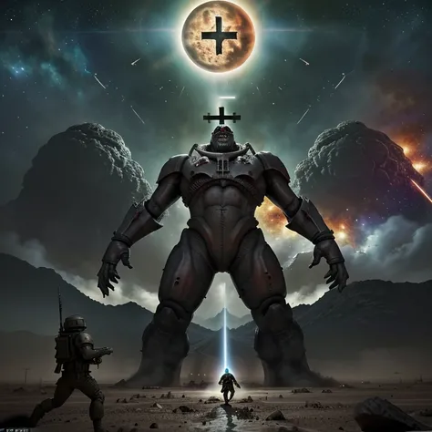 Monsters of various sizes the environment that is equal to hell and in heaven planets and galaxies also some soldiers fighting for freedom and in the background a dictator with a cross and demons at his side 