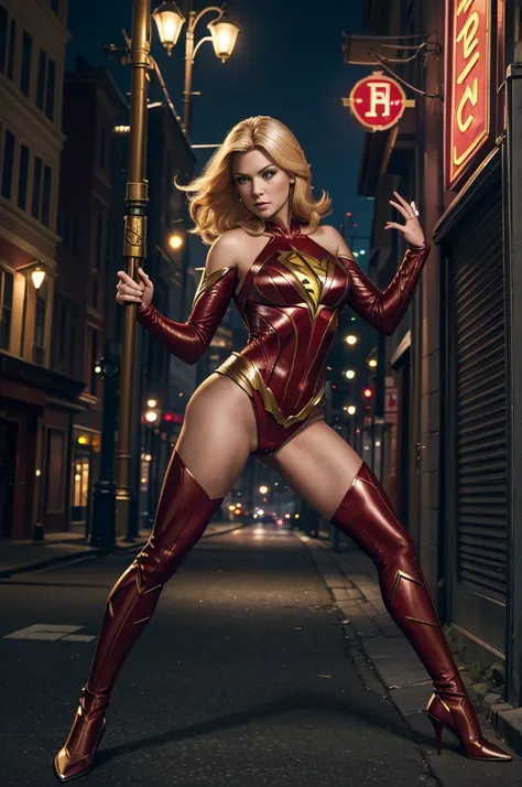 Araffe blonde woman with red superheroine costume The Flash, posando en una calle de la ciudad, hero pose colorful city lighting, al estilo de dc, mirando al espectador, in the style germen de arte, germen de arte julie bell beeple, Chris Moore. germen de ...