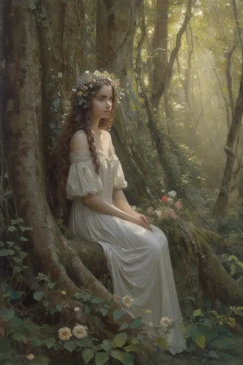 oil painting,impressionism,medium full view, amidst the ancient woodland, the image captures the ethereal beauty of a young drya...