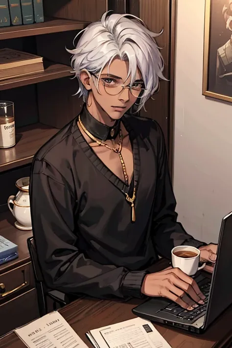 21-year-old male, black skinned, sliver hair, Sweaters, chest muscle, Gold-framed glasses, standing hold a cup of tea. With laptops and well arranged dollars cash behind him.  Laptops,  silver hair. The word "techrider" written all over the office