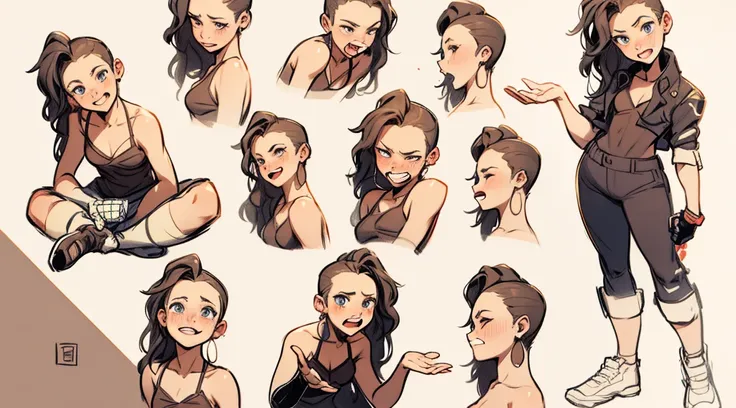 a drawing of a woman with different poses, same hairstyle (short asymetric wild hair), expressive poses, comic character design, different poses, animation portrait concept art, lucio as a woman, character design portrait, character drawing, portrait chara...