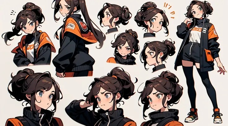 a drawing of a woman with different poses, same hairstyle (short asymetric wild hair), expressive poses, comic character design, different poses, animation portrait concept art, lucio as a woman, character design portrait, character drawing, portrait chara...