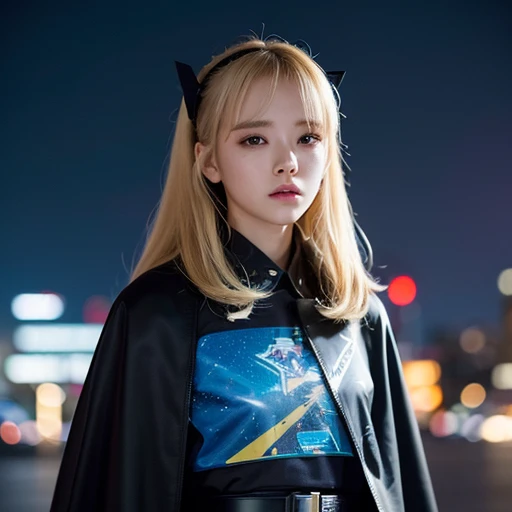 masterpiece, best quality, 4k, mecha, starry, sky, stars (sky), cyberpunk background, street, cape, hair ribbon, cyberpunk shirt, long hair, blonde hair, cyberpunk, depth of field, blur background, [Emma Watson:1:09], (Masterpiece:1.3), (best quality:1.3),...