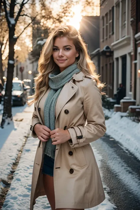 sexy and very beautiful woman with wide hips and thick thighs (blonde:1.2) messy:0.9) hair is totally (naked:1.1) when she does a seductive pose on a snowy street full of people looking at her, sunny day UHD., best possible quality, God rays (volumetric:1....