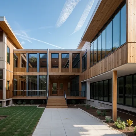 Children’s school facade, children, architecture, modern, colorful, sustainable, glass, wooded