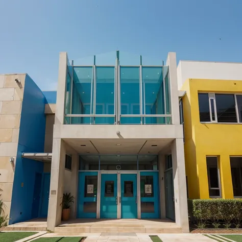 school, children’s school, modern, colorful, sustainable, glass, wooded, color, blue, green, arquutetura, facade