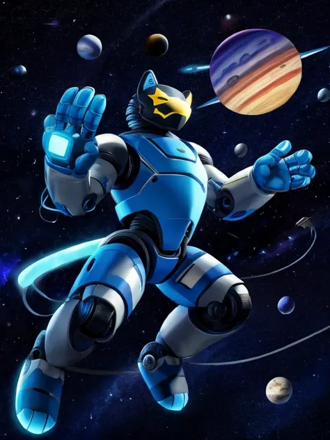 furry, blue cat, the setting is a space with stars and planets, there are shooting stars,a defective robot mask, his body is robotic, part of his body has electrical cables, its paws are exposed.