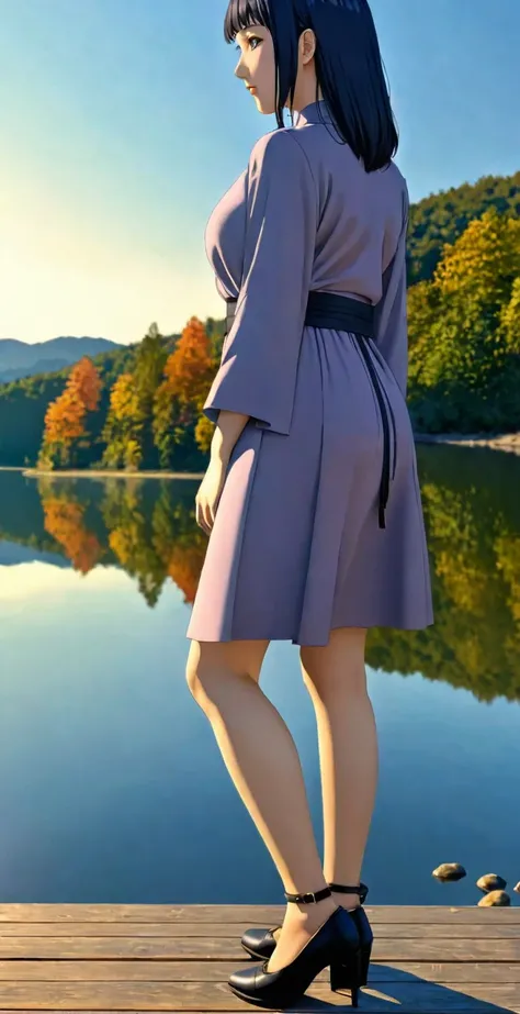 close-up from side, (30 years old adult-Hinata) walk next to lake, big ass, [enchanting, surreal, studio lighting, HDR, UHD, K]