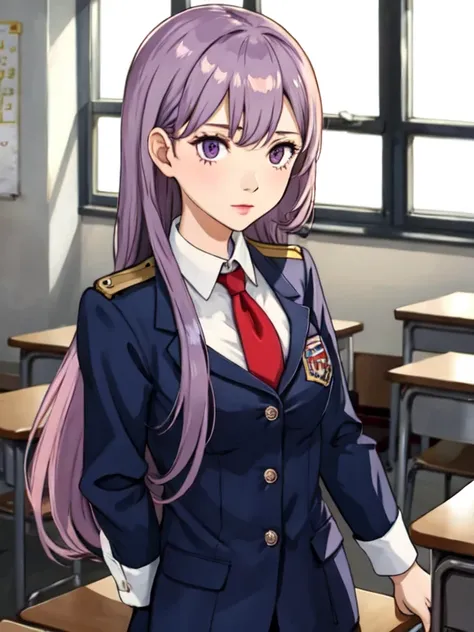 1 girl,small breasts,,lilac long-haired,poor body,high school student,classroom,uniform,The whole body is shown