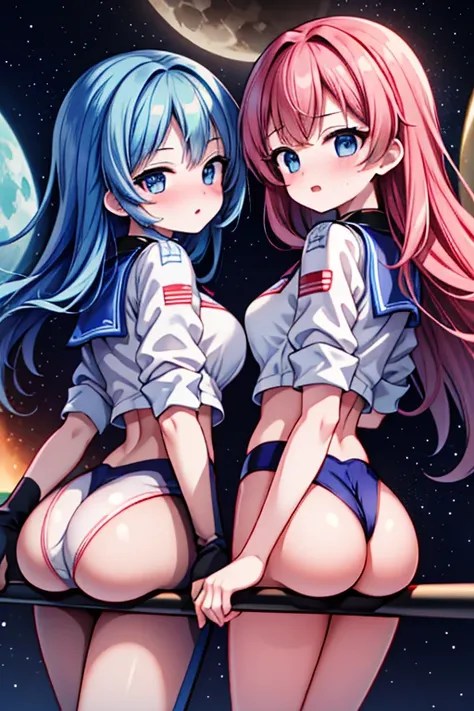 2 ragazze diverse viste da dietro,ass support,guardandole da dietro,grande culo,grandi tette,felice di stare con te,enorme culo,enormi tette,ultra-highres, ultra-detailed, best quality,perfect hands,2 ragazze, 2 astronaut girls, 2 astronaut uniform girls,m...