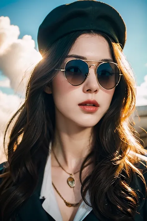 (best quality), (high detail), (perfect body), (beautiful face), (1girl), (close-up ), (headshot), smoking a large cigar, wearing a beret, aviator glasses, clouds of smoke over her face, HDR, UHD, 4K, 3D