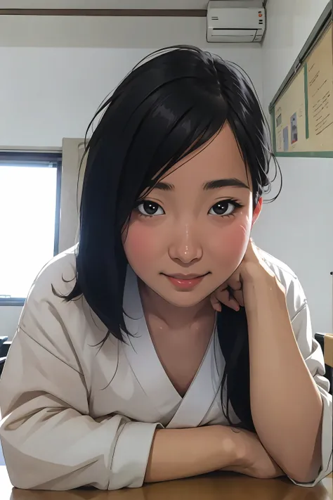 Risa, black haired japanese girl, sitting in classroom in , cute, beautiful, realistic style, highly detailed, 4k, look at camera, face close-up, (NUDE)