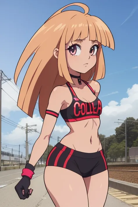 GameGirl , (cola de caballo rubia) con reflejos de rayas rosadas, 80s anime style, (pecho plano),  muslos, caderas,  Size, Ciclismo en la ciudad, pantalones cortos motards, desde el lado, Parte superior del bikini, Cloudy day, Near train tracks