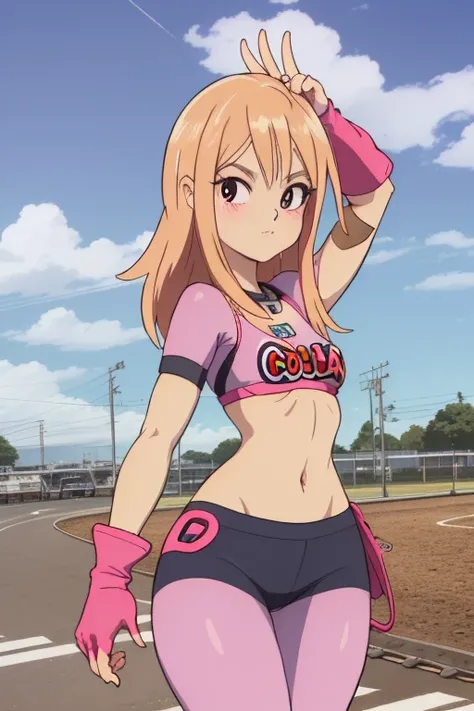 GameGirl , (cola de caballo rubia) con reflejos de rayas rosadas, 80s anime style, (pecho plano),  muslos, caderas,  Size, Ciclismo en la ciudad, pantalones cortos motards, desde el lado, Parte superior del bikini, Cloudy day, Near train tracks