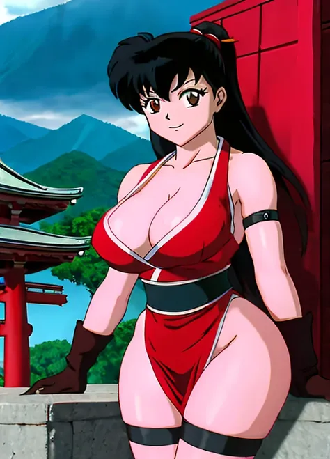 masterpiece, best quality, Kagome Higurashi, 25 years old, large breasts, cleavage, very busty, big hips, She stands tall while wearing a red Kunoichi dress, pelvic curtain, arm guards and gloves. shes looking directly at the camera with an confident smirk...