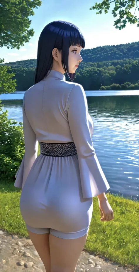 close-up from side, (30 years old adult-Hinata) walk next to lake, big ass, [enchanting, surreal, studio lighting, HDR, UHD, K]