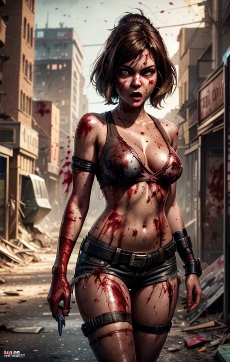 create a digital painting, 4k, JIM EIDOMODE, GTA Style + 3D Rendering, GTA loading screen, gta art, (((Alone))), 1 girl, 1 girl, alone, half-length portrait, Portrait of Maggie from TWD , Lauren Cohans face, (((clothes covered in blood))), ((angry face)), ...