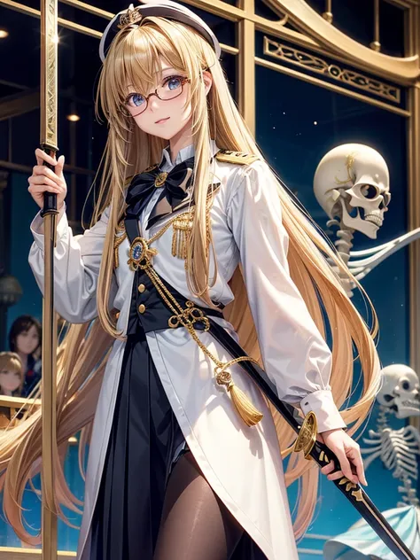 20 year old female、shiny hair quality、beautiful blonde、straight hair、super long hair、Shaggy Hair、Glasses、Glasses美人、fantasy、swordsman、Different world、reincarnation、uniform、skirt、cute、perfect skeleton