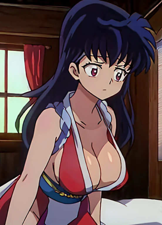 masterpiece, best quality, Kagome Higurashi, Mai Shiranui, 25 years old, kunoichi dress, large breasts, matured face, cleavage, big breast, very busty, big hips, full body view, athletic body, She stands tall while wearing a red Kunoichi dress, pelvic curt...