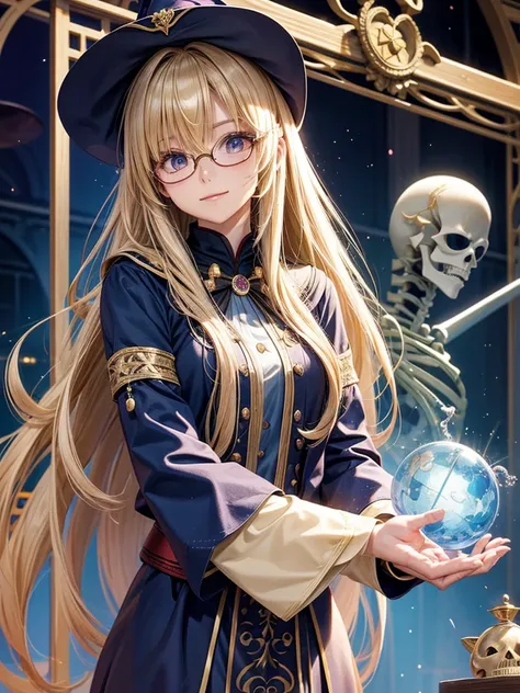 20 year old female、shiny hair quality、beautiful blonde、straight hair、super long hair、Shaggy Hair、Glasses、Glasses美人、fantasy、wizard、witch、Different world、reincarnation、cute、perfect skeleton