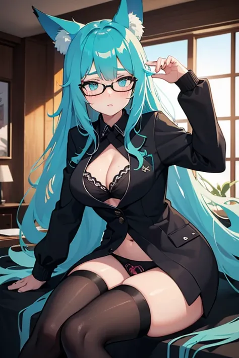 hot girl, beautiful long cyan hair, wearing glasses, cyan eyes, sexy black bikini, big but medium breasts,  a black jacket no panties and long black transparent socks, wolf ears, blush