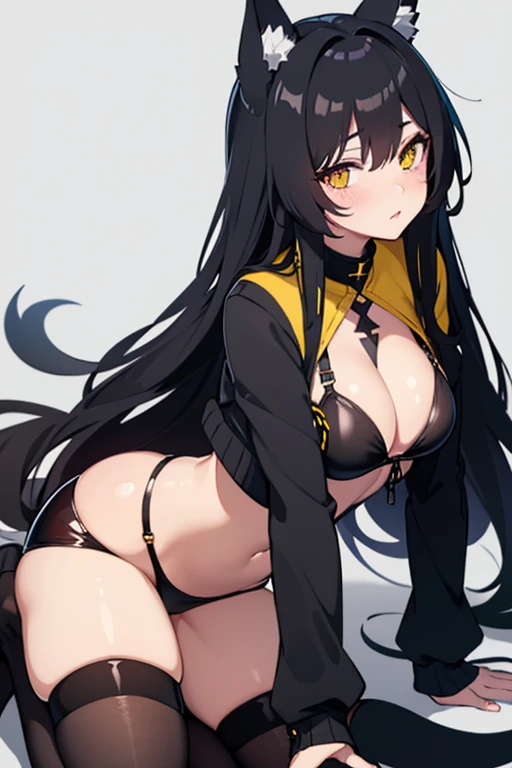 hot girl, beautiful long black hair, bright yellow eyes, black bikini, big but medium breasts, a black jacket no panties and long black transparent socks, wolf ears, blush