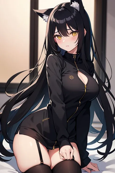 hot girl, beautiful long black hair, bright yellow eyes, black naked, big but medium breasts, a black jacket no panties and long black transparent socks, wolf ears, blush