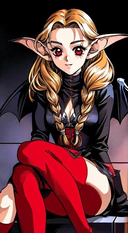 a woman elf, long elf ears, vampire, bat wings, high quality, red eyes, whole body, sitting pose, dark hair, two braids, lolita ...