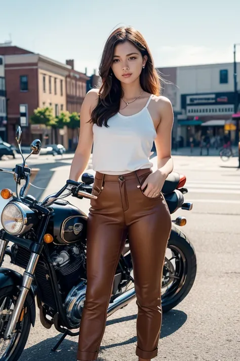 A young, confident 29-year-old woman stands next to her motorbike. She displays a casual-chic style, wearing brown pants that perfectly complement her whiskey-colored top. Daylight highlights the details of your clothes and bike, creating a harmonious cont...