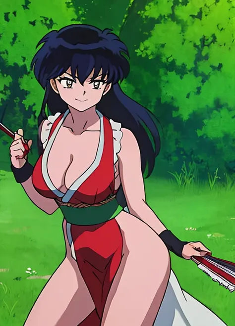 masterpiece, best quality, Kagome Higurashi, 25 years old, large breasts, cleavage, very busty, big hips, She stands tall while wearing a red Kunoichi dress, pelvic curtain, arm guards and gloves. shes looking directly at the camera with an confident smirk...