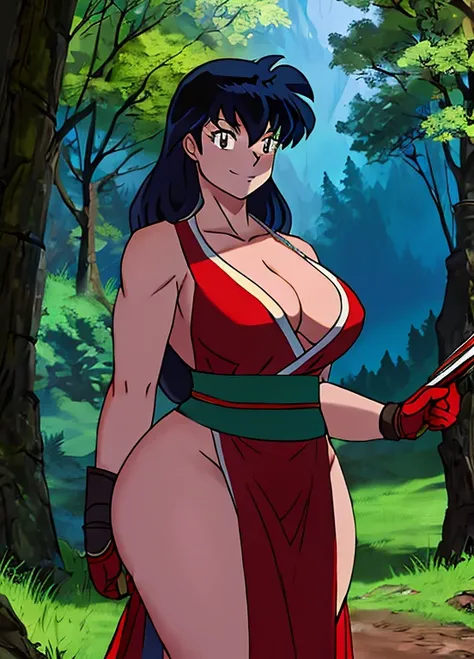 masterpiece, best quality, Kagome Higurashi, 25 years old, large breasts, cleavage, very busty, big hips, She stands tall while wearing a red Kunoichi dress, pelvic curtain, arm guards and gloves. shes looking directly at the camera with an confident smirk...