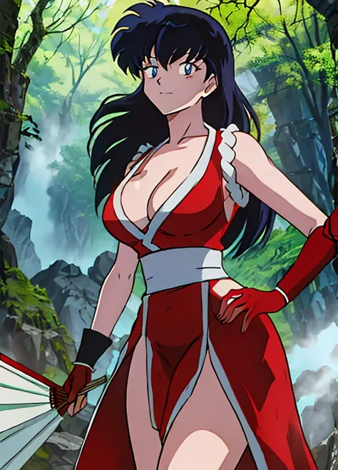 masterpiece, best quality, Kagome Higurashi, 25 years old, large breasts, cleavage, very busty, big hips, She stands tall while wearing a red Kunoichi dress, pelvic curtain, arm guards and gloves. shes looking directly at the camera with an confident smirk...